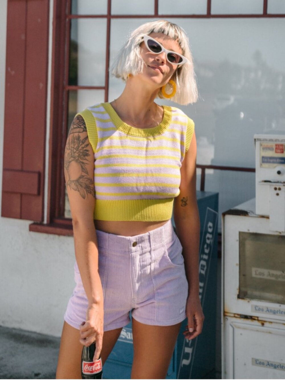 EUC Hammies Knit Crop Top Women's XL Powder Light Purple Yellow Stripes